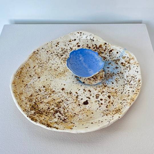 Crushed Utah Rock and Iron Oxide; Plate with flash and blue saucer