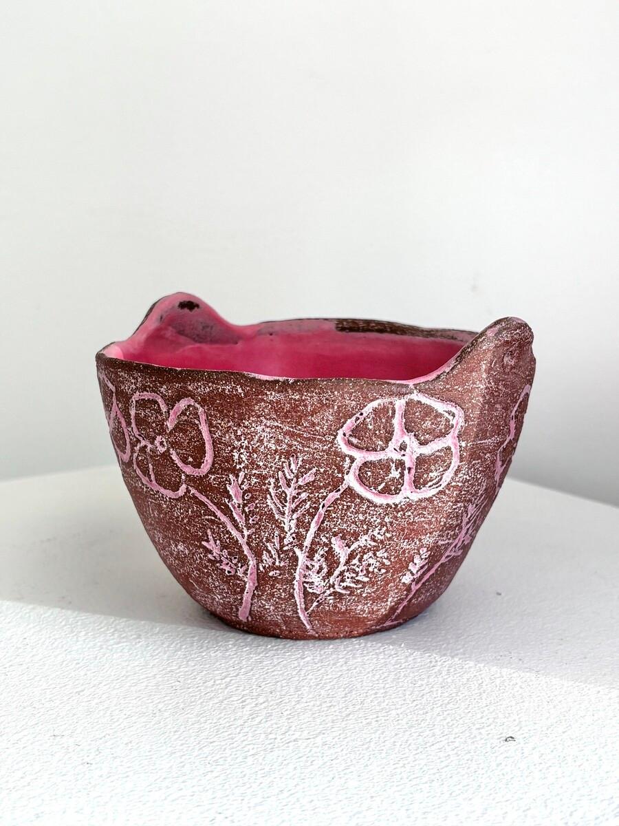 Bowl with Pink Carved Flowers